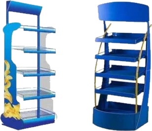 Two blue iron display stands