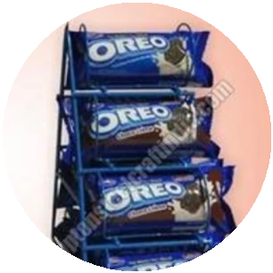 Blue wire display rack with biscuit packs