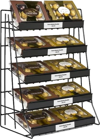 Black wire display rack with boxed chocolates